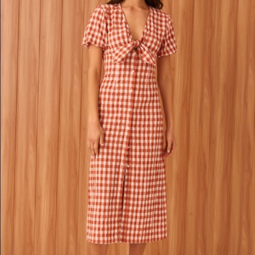 The Fifth Label Orange White Gingham Button Up Tie Front Short Sleeve Midi Dress